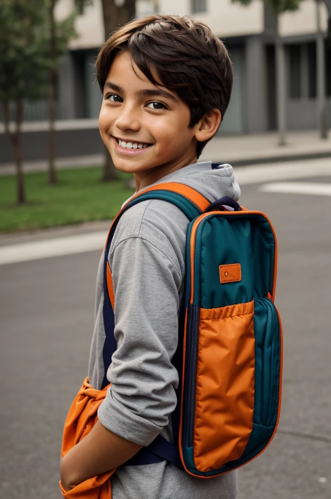happy boy, Brown hair, anteojos, vestido de colores alegres como naranja, azul, morado, verde, en alto contraste, lleva una mochila, rodeado de formulas matematicas, gracioso, alborotado, alegre, divertido sonrisa y vivaz una master pieza increible ideal para el regreso a clases,deja copy space a la derecha con rostro de asombro mirando a su lado, escribe "back to the school" fondo gris oscuro uhd fotografia