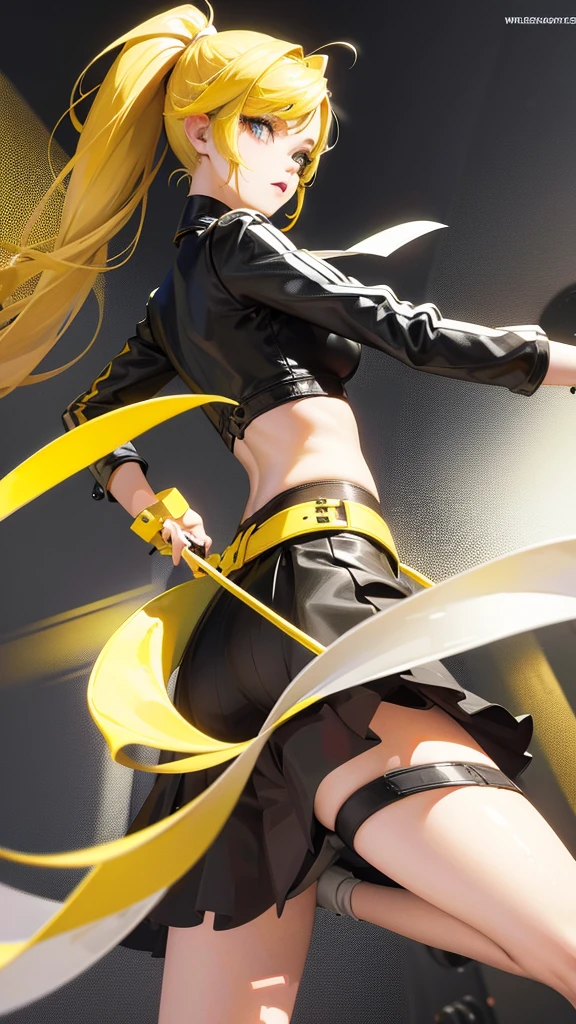 Beautiful girl in a short skirt with yellow hair in a ponytail on both sides, wallpaper. 3D