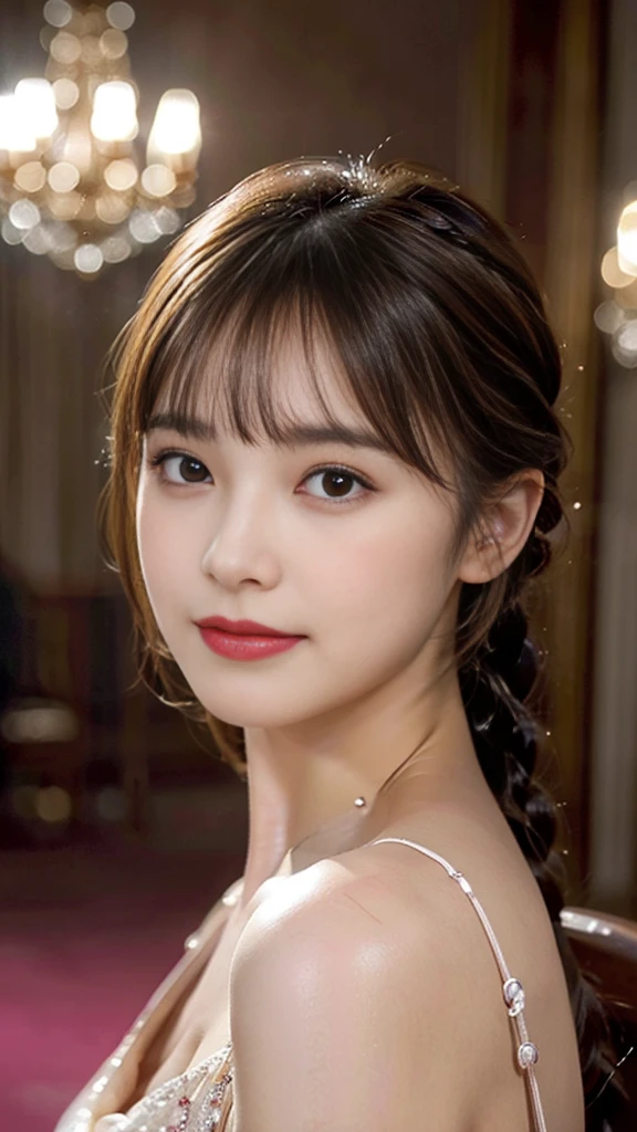 A slight blush,smile, (Halter Cut Dress, mascara, Frivolous, Blunt bangs, Portrait Shot, Glossy lipstick, Nightclub,blonde french braid, Portrait Shot, View Viewer, Glossy lipstick, Royal Throne Room, complicated details,,) View Viewer,Beautiful woman,(Skin dents:1.2), Shiny skin, highest quality, Ultra-high resolution, (Realistic:1.4), Hello,masterpiece, (Realistic:1.4), highest quality, Beautiful lighting, detailed, complicated , RAW Photos, 8K Ultra HD, Film Grain,