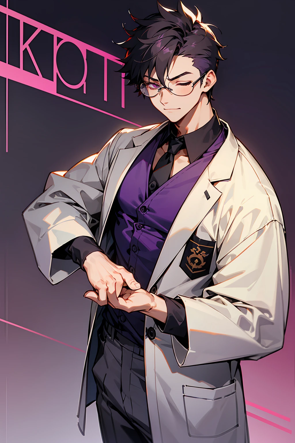 1male, Young Adult, Dark Purple, Eyes Closed, Short Hair, Spikey Hair, Grey Pants, Dojo Background, Slight Smile, Glasses, Standing In City, Detailed background, Dojo Outfit, Lab Coat