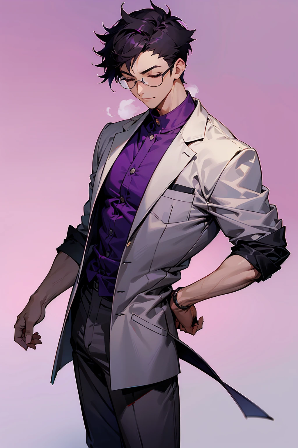 1male, Young Adult, Dark Purple, Eyes Closed, Short Hair, Spikey Hair, Grey Pants, Dojo Background, Slight Smile, Glasses, Standing In City, Detailed background, Dojo Outfit, Lab Coat