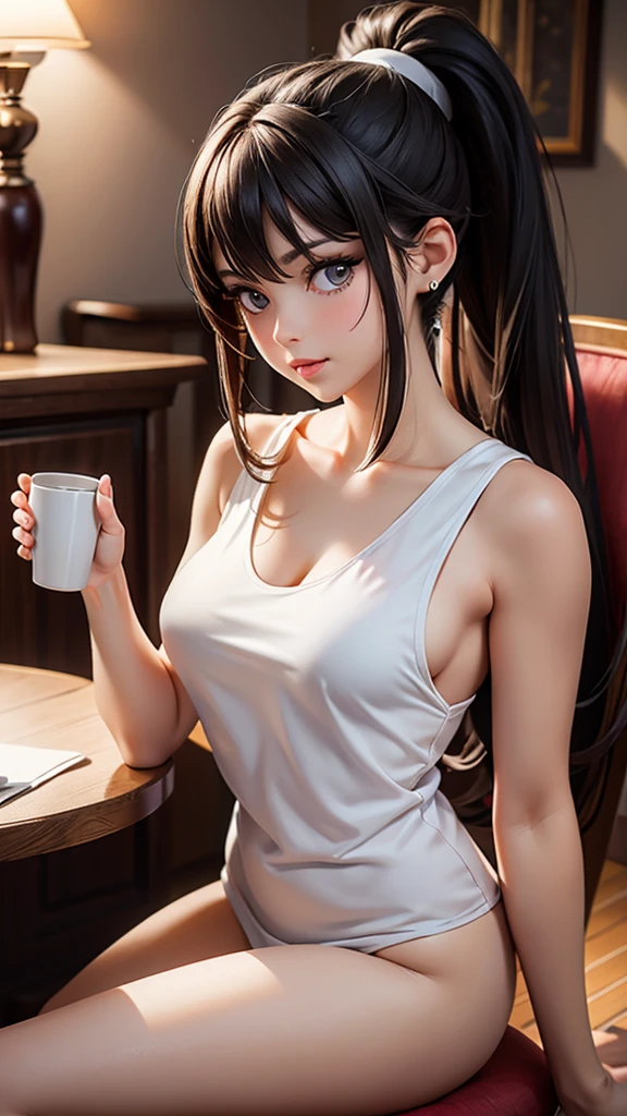 (in perspective) a beautiful sexy brunette woman, perfect secretary of 23 years, straight hair and ponytail, silky white skin and oily (Moist) full lips, (photorealistic: photorealistic, Masterpiece 8K), small breasts wearing a tight white shirt (highlight on the breasts), sitting at a restaurant table holding a cup of coffee (hyperrealistic: realistic, environment with intricate details), with a sensual streak on her face: (texture and ambience, professional photography, pure perfect lighting).