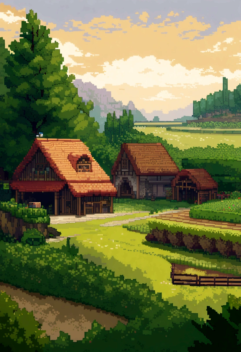 a minecraft steve, a farm, planting, 2d, detailed pixel art, beautiful colors, intricate details, lush greenery, peaceful countryside, soft lighting, warm tones, serene atmosphere, beautiful landscape, highly detailed