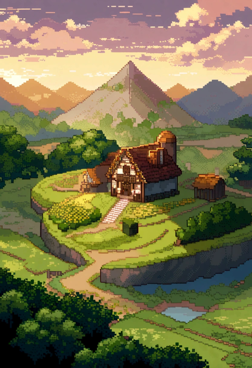 a minecraft steve, a farm, planting, 2d, detailed pixel art, beautiful colors, intricate details, lush greenery, peaceful countryside, soft lighting, warm tones, serene atmosphere, beautiful landscape, highly detailed