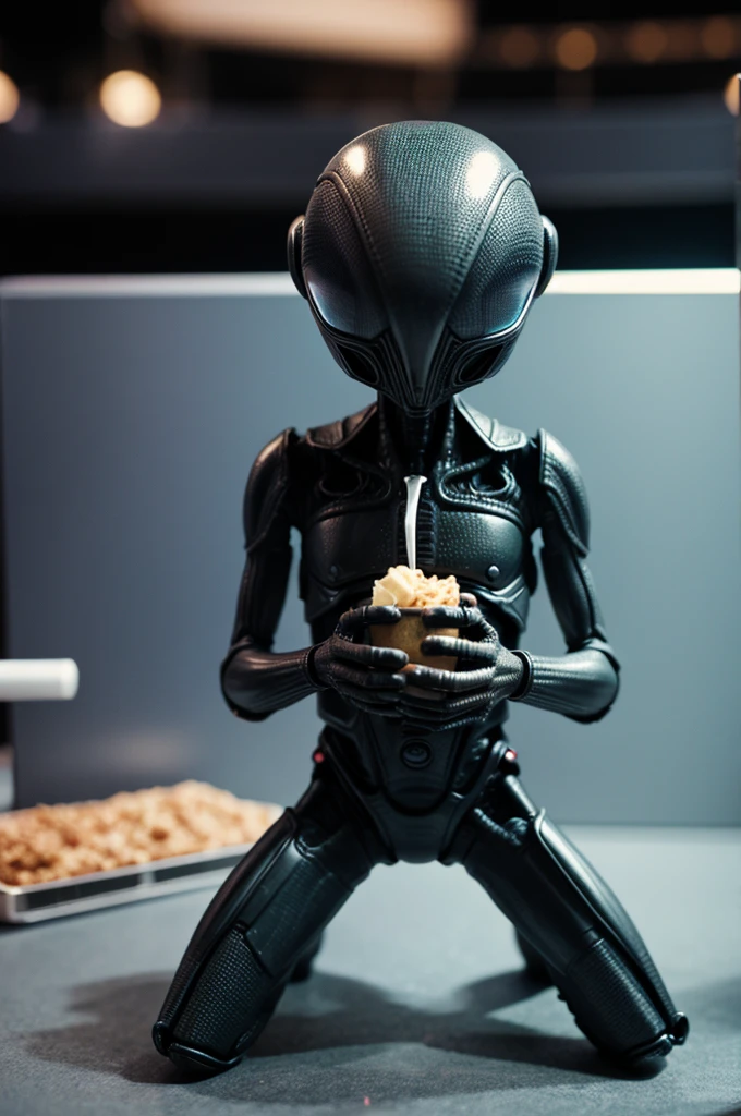 Aliens xenomorph has broken into the pantry, it is eating a donut, spaceship