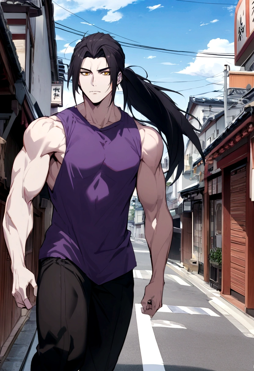 muscular 25 year old man with pale skin, Long black hair, pony tail, and golden eyes like a woman, Wearing black pants, Matte purple oversize t-shirt, japan street background, day time
