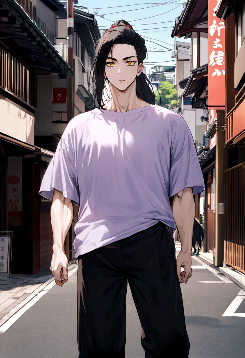 muscular 25 year old man with pale skin, Long black hair, pony tail, and golden eyes like a woman, Wearing black pants, Matte purple oversize t-shirt, japan street background, day time