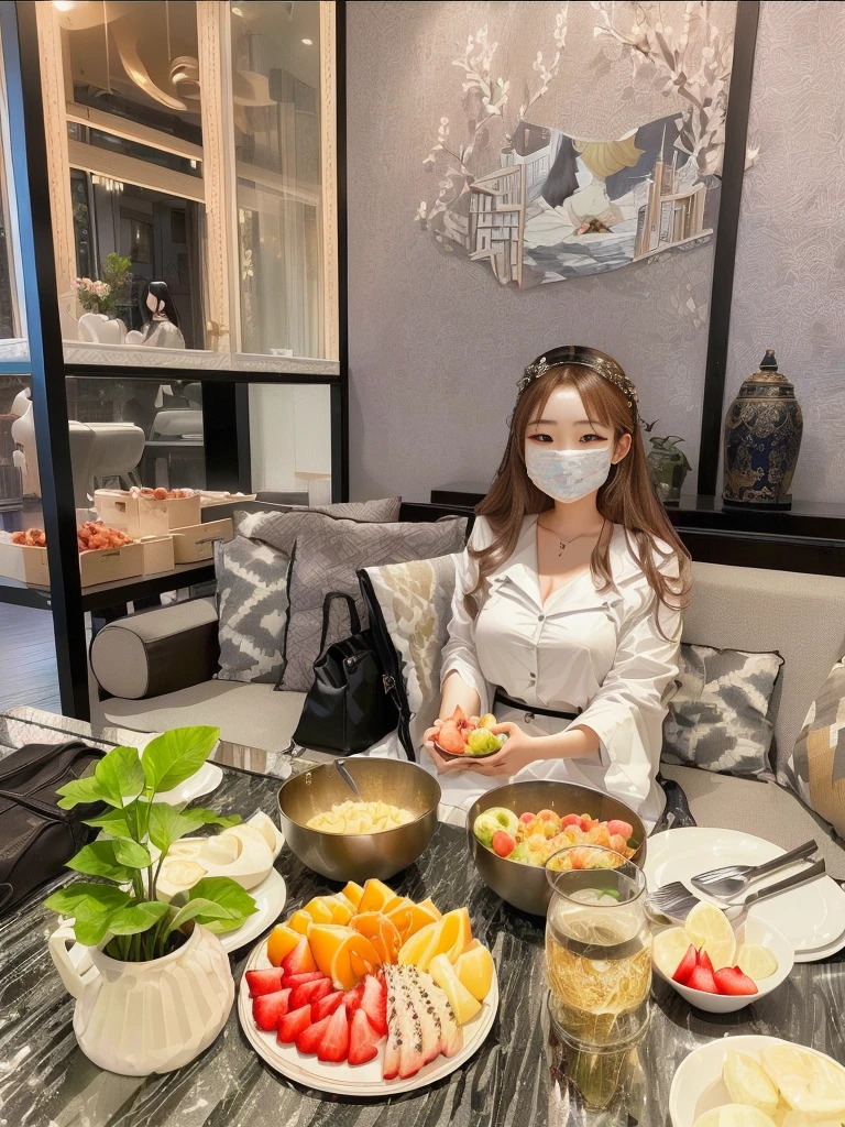 A woman sits at a table with a plate of fruit and wears a mask., Taken in 2 0 2 0, gorgeous woman, abcdefghijklmnopqrstuvwxyz, By Kambun Master, หญิงKorean girlที่งดงาม, By Emma Andijewska, By Rain Renfa, beautiful south korean women, Tumblr, Korean girl, lifestyle