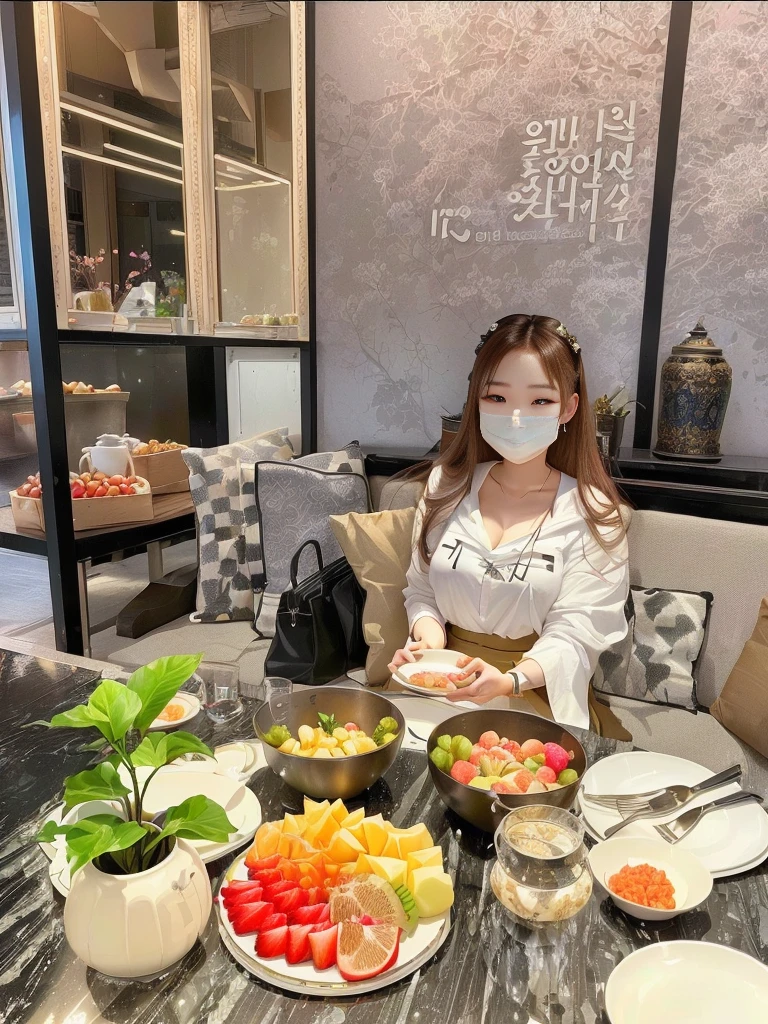 A woman sits at a table with a plate of fruit and wears a mask., Taken in 2 0 2 0, gorgeous woman, abcdefghijklmnopqrstuvwxyz, By Kambun Master, หญิงKorean girlที่งดงาม, By Emma Andijewska, By Rain Renfa, beautiful south korean women, Tumblr, Korean girl, lifestyle