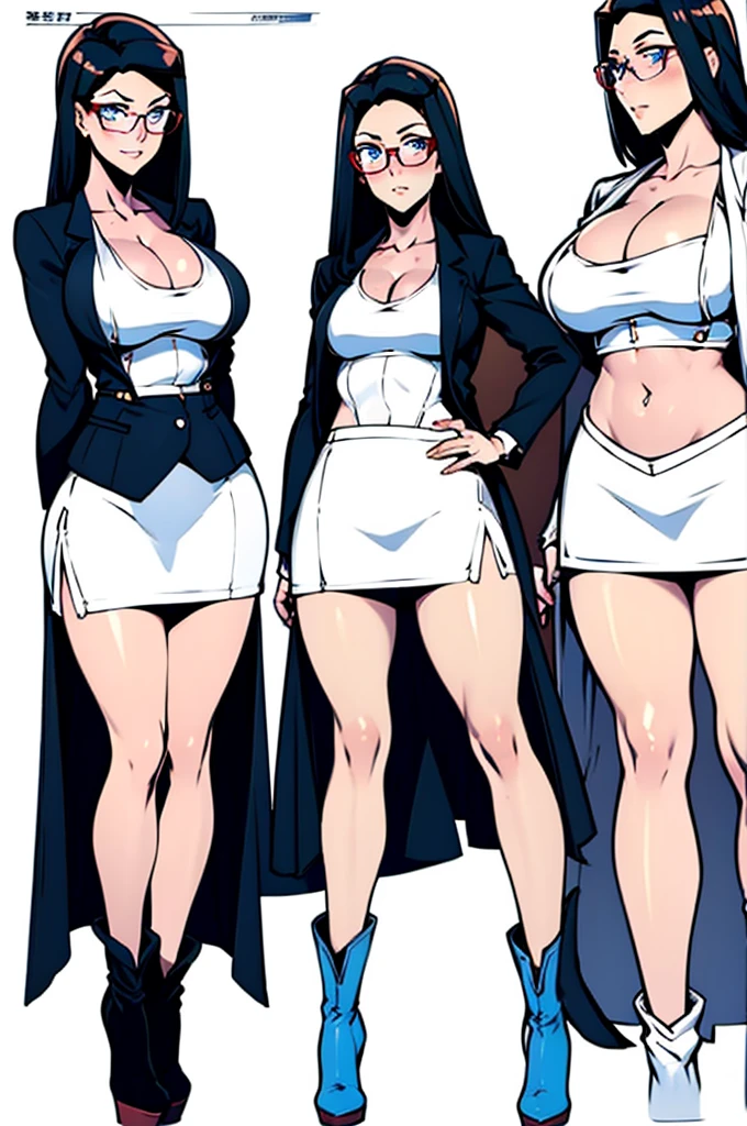 Standing female, arms crossed, short straight hair, blue eyes, blazer, short white skirt, large buttocks, long high-heeled boots, medium-sized breasts, glasses, blushing, white background (character sheet).