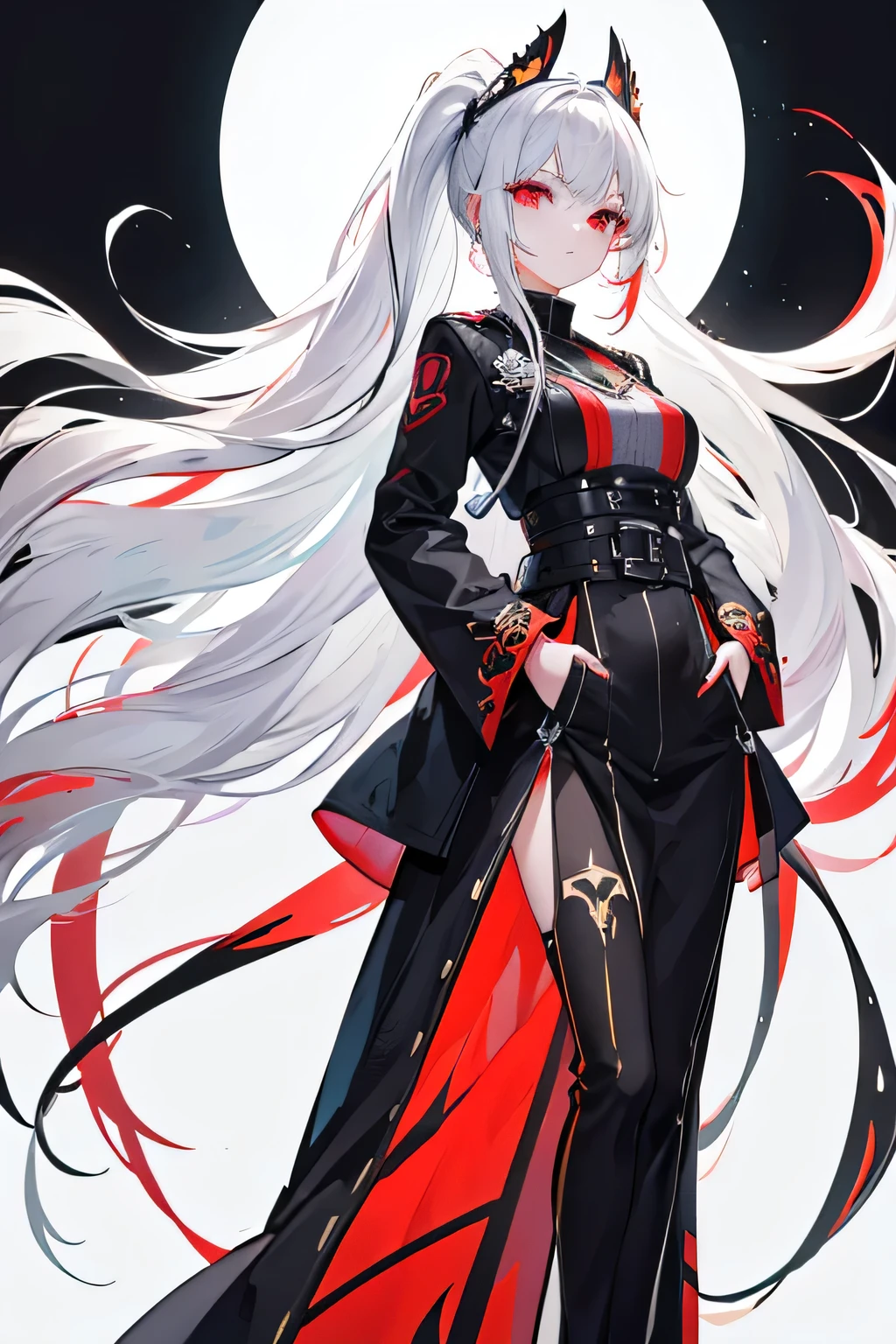 beautiful young anime girl, long yellow white hair in high ponytail, piercing red eyes, wearing black dress, full body, 8k, detailed, hyper realistic, vibrant colors, masterpiece, studio lighting, intricate details, sharp focus, physically-based rendering,white background,hands in pocket
