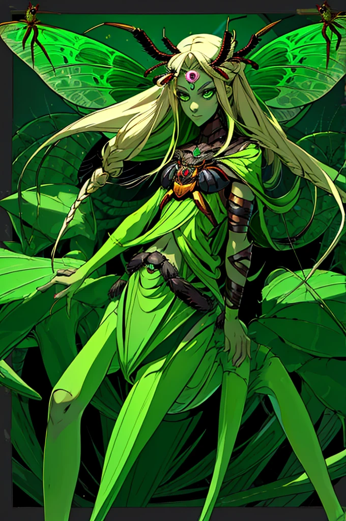 1, girl with arachnid body, (spider abdomen), hairy thin long spider legs, dragonfly wings, moth antenas on head, blonde long hair, green clothes, green eyes, flat chest, hades style, hadesstyle, hades2style, hades 2 style