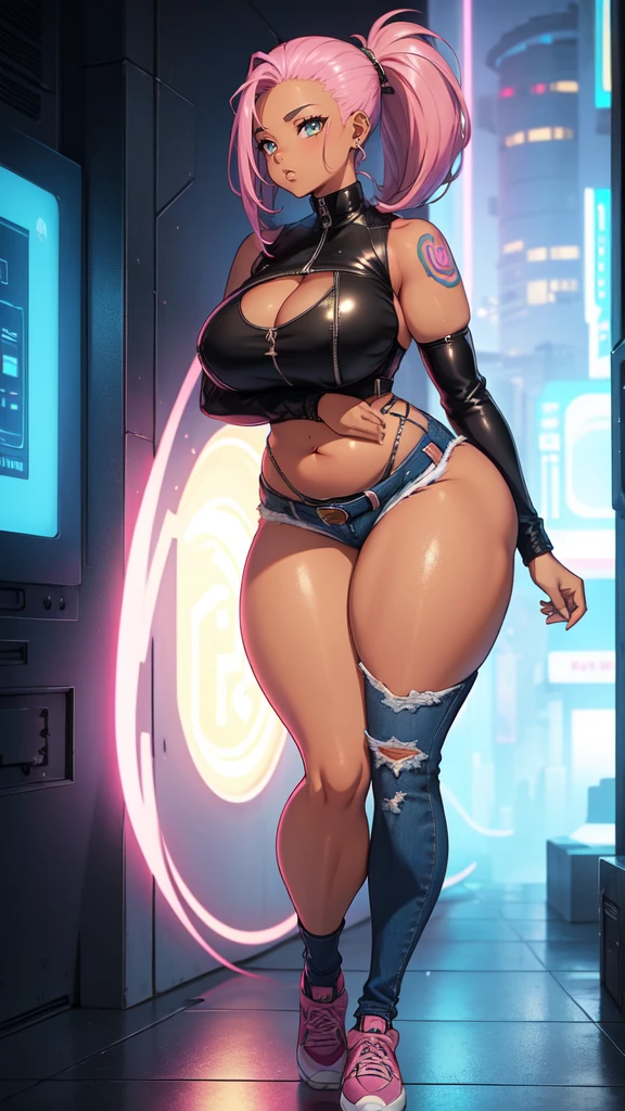 (blank background), (((full body framing))), standing, (masterpiece), (best quality), huge girl, (muscular girl:0.8), (thin hair:1.7), (long blue jeans), massive breast, Mohawk hairstyle:1.4, sport bra, pink hair, dark skin, belt under navel, blunt bangs, sneakers, (long legs:1.6), big cleavage, cute:1.8, adorable:1.8, years old, leather jacket,, cyberpunk girl, ear piercings, earrings, tatoo, (very curvy:1.6), (from behind)