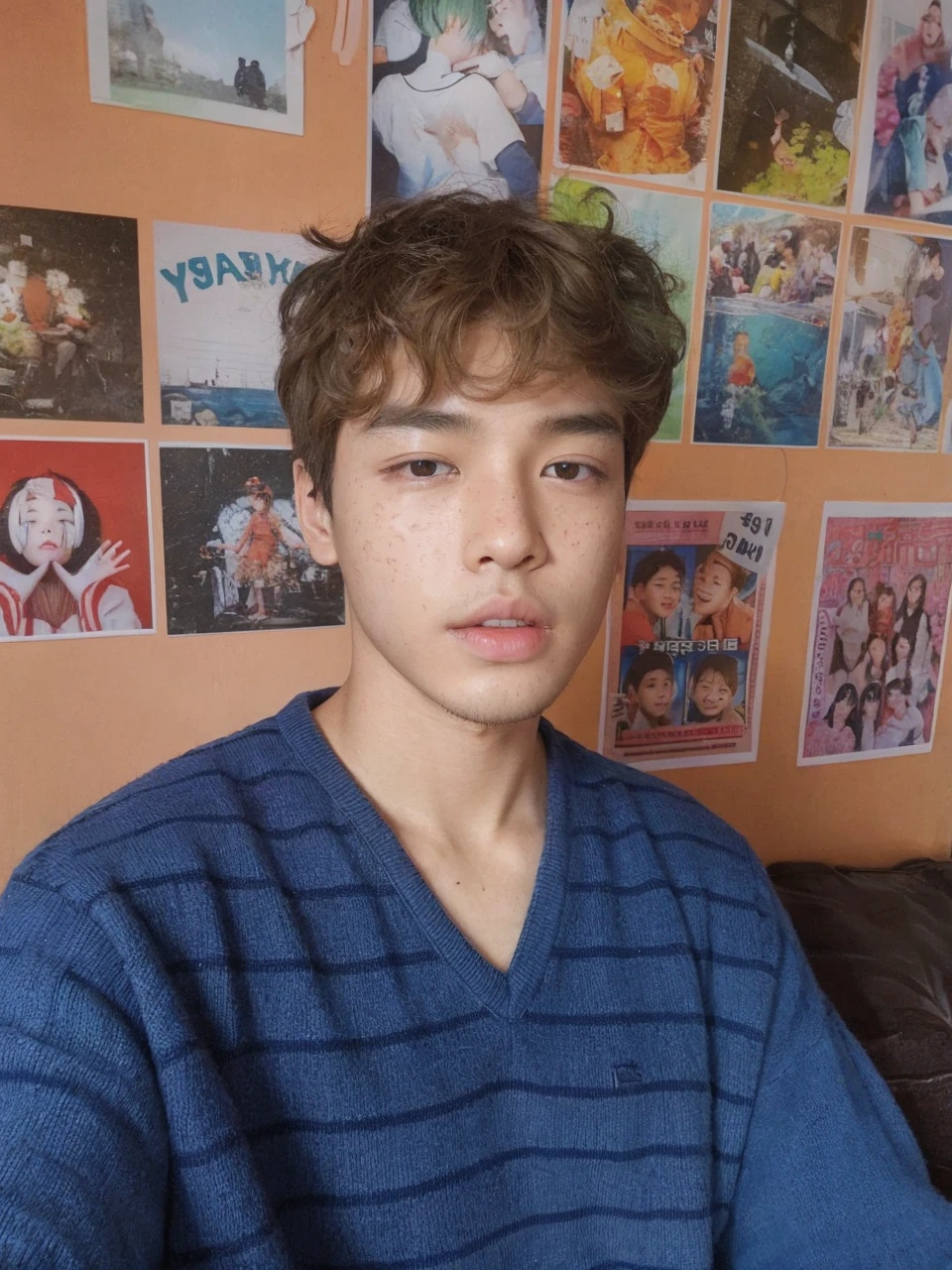 korean face young boy cute with freckles looking to the camera