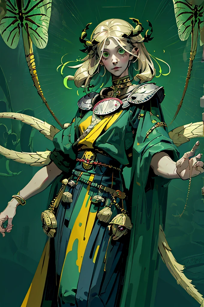 1girl, young, little, , blonde long hair, green clothes, green eyes, arachnid style, background filled with insects, main character, boss style, hades style, Arachne, Arachnea, silk weaver, hollow knight style
