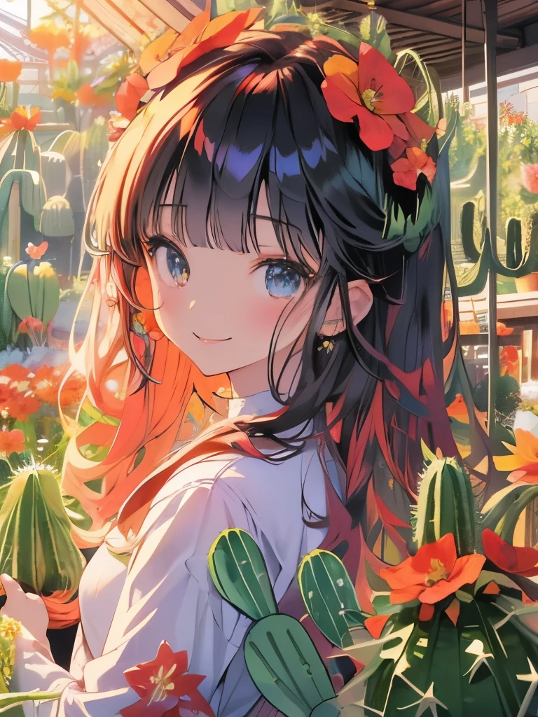Masterpiece、smile、Anime Girls、Red Hair、Long Hair、可愛いAnime Girls、smile、(((Cactus flowers)))、たくさんのCactus flowers、Upper Body、Fractal Art、Gwaiz、Pool、garden