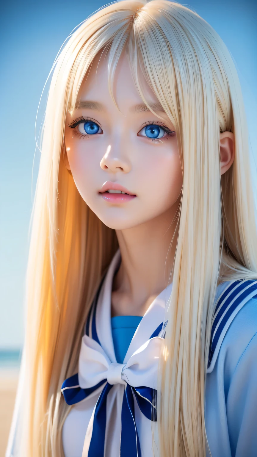 Beautiful girl with a pretty face、beautiful blonde straight super long hair、Half Body Shot、Beautiful long bangs hanging over the face、Very beautiful, bright, pale sky blue eyes、Very big eyes、Blonde hair between the eyes、Round face、Blonde hair above the eyes、片Blonde hair above the eyes、、Sailor suit、Very white and young skin、Cheek gloss、Cheek highlighter、Small Face Beauty