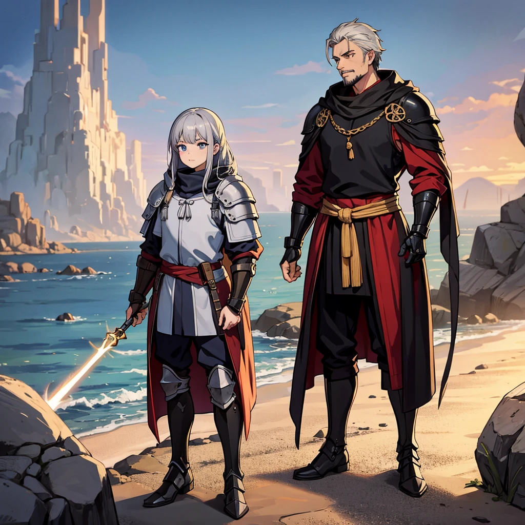 8k、((Full body character concept, Detailed character design))、highest quality, Best Quality,Best illustrations、(((middle agesの騎士、armor)))、middle ages、(elder、male、70 years old)、(Thin goatee)、(Gray Hair)、From above