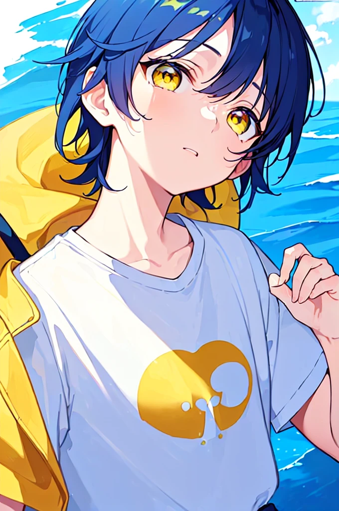 [(SKYBLUE BACKGROUND:1.5),::5], ((((masterpiece)))), high quality, ultra very high resolution, full color, (((solo))), ((little boy)), oriental deepBlue hair, (oriental deepblue eyes), anime, ((upper body)), Summer clothes, neon light, black parka, 