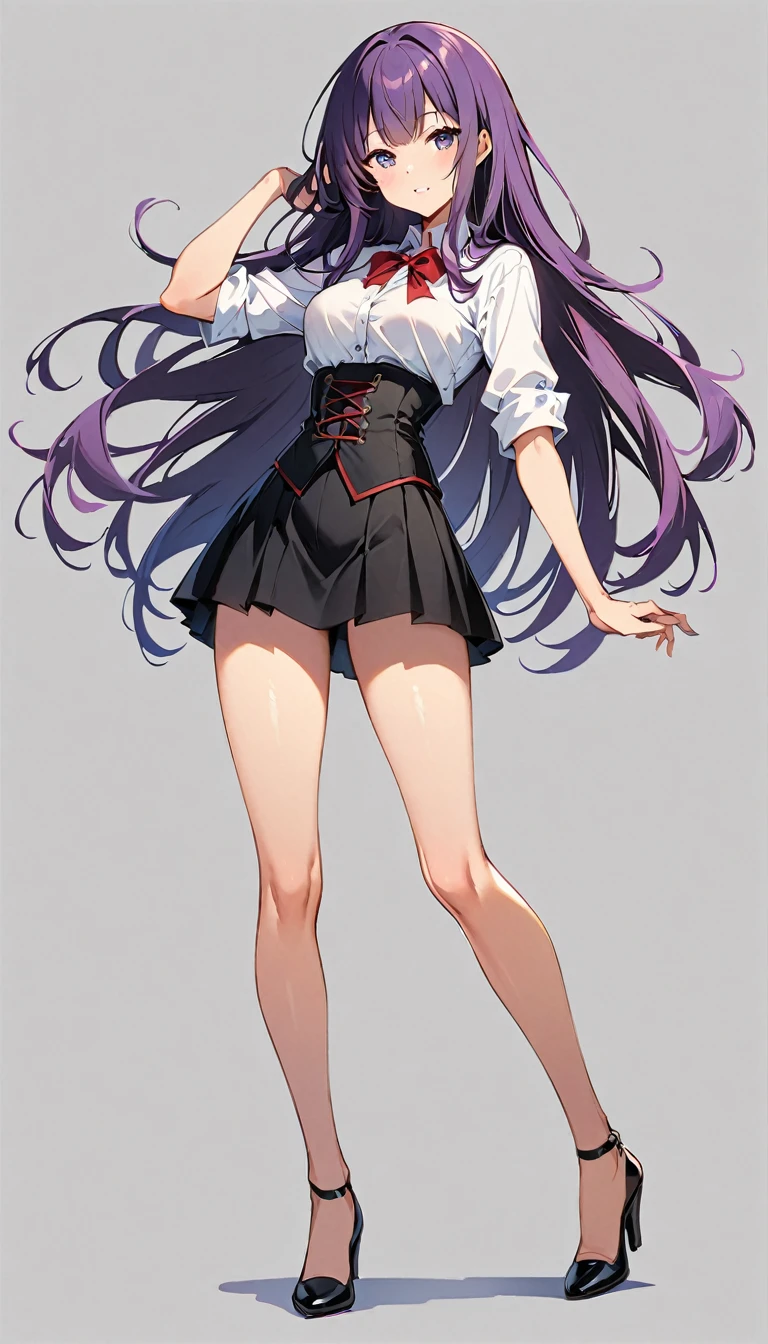 ((Perfect Face)),Purple Hair,super long hair,Adult female,White shirt,((Shirt with rolled up sleeves)),(((Roll up your sleeves))),((corset)),((mini skirt)),((short skirt)),(High heels),((Simple White Background)),((full body)),((Full Body)),