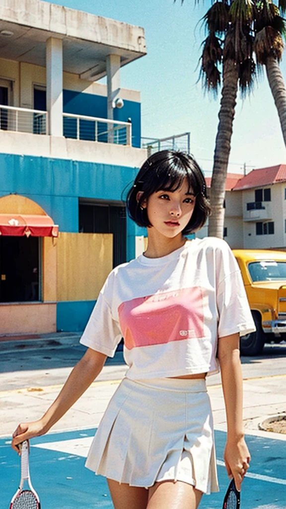 1 girl, beautiful, black bob hair, almond eye, no makeup, white tshirt, ((oversize_tshirt)), peach tennis skirt in front of ((80's mondrian architecture colorful motel)),(from below:1.2), (realistic:1.1), (surreal:1.2), (very detailed:1.1), ((masterpiece)),summer, blue sky, palm trees,sunny, los angles vibes