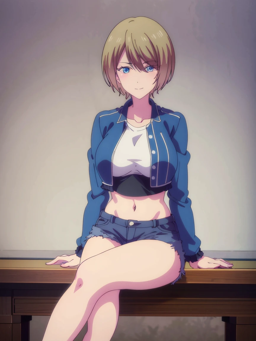 masterpiece, best quality, highres, akane hououji,full body,1girl, solo, short hair, blonde hair, blue eyes,smile ,crop top, black denim jacket,jean shorts, midriff, underboob,closed toe shoes,high heels,crossed legs, sitting, big breasts, medium waist, wide hips, medium thighs, good anatomy, good hands, white background, good legs