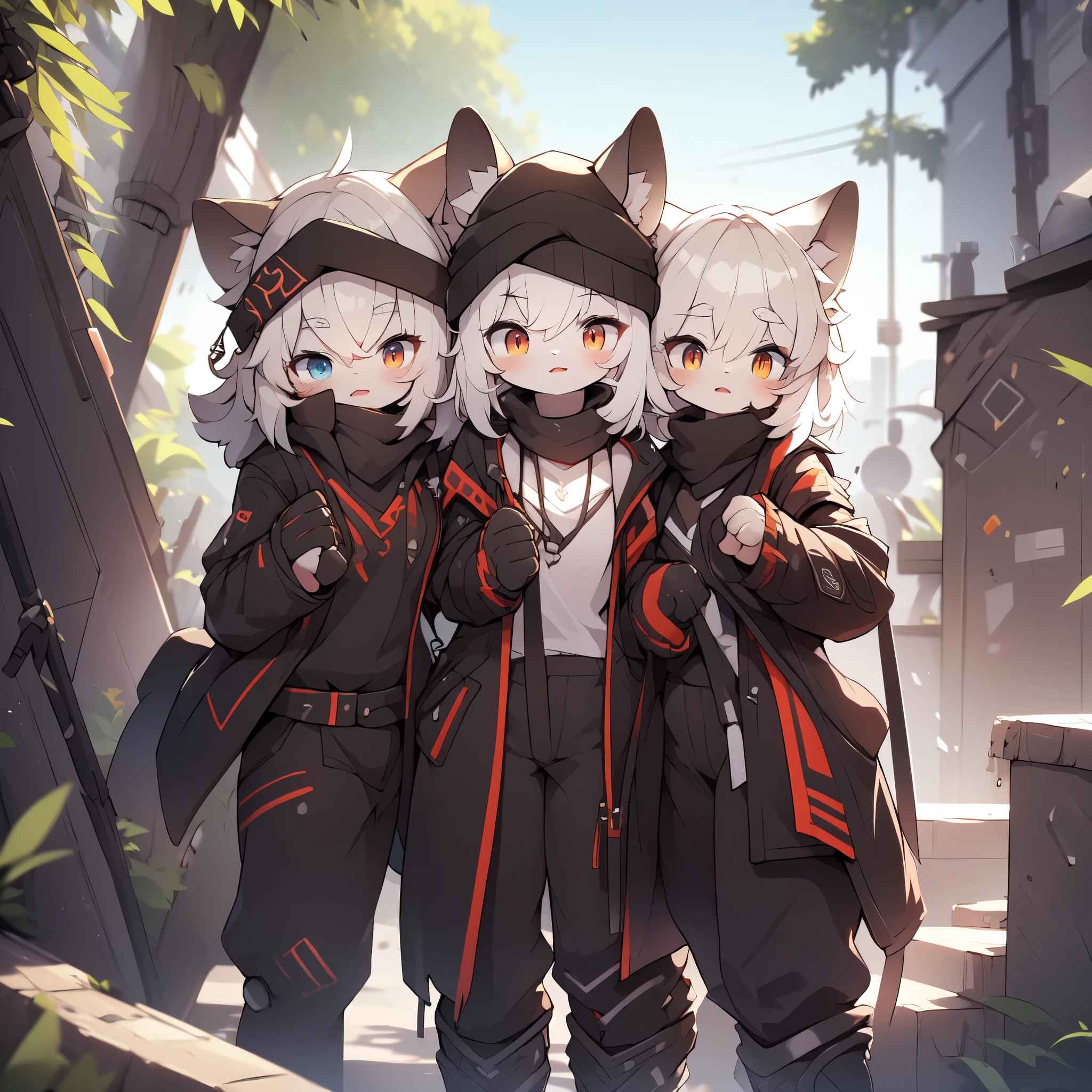 Kawaii, Striped Fluffy Fox, emaciated, long hair, 3girls, artificial synthetic skin, life support prosthetics, digital headphones, black tight latex bodysuit, white long dress, thigh-high-socks, shorts, loose off-the-shoulder hood open jacket, holsters in thigh, Mechanical boots, tactical knee pads, tactical belted loose Arm Sleeves, cybernetic Display gloves, chest rigs, tactical belts, blue archive halo, bulletproof goggles on forehead, from Ark nights, ray tracing, depth of field, bloom, masterpiece, ccurate, high details, highres