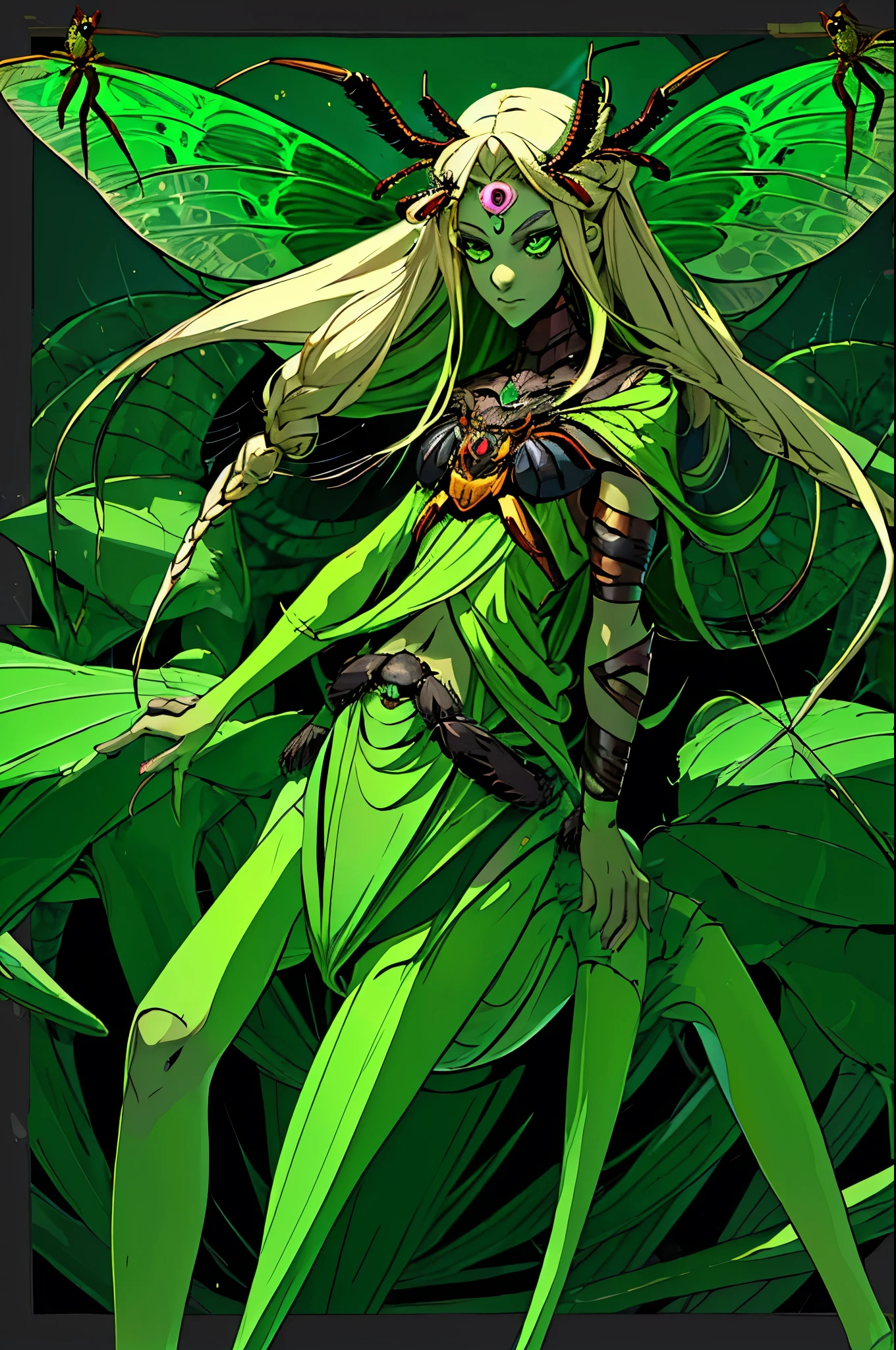 1, girl with arachnid body, (spider abdomen), hairy thin long spider legs, dragonfly wings, moth antenas on head, blonde long hair, green clothes, green eyes, flat chest, hades style, hadesstyle, hades2style, hades 2 style