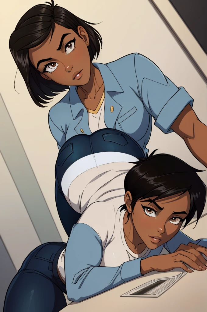 ((ultra quality)), ((masterpiece)), Lois Lane, ((black short hair tomboy hairstyle)), (Beautiful face), (beautiful female lips), (), charming, ((sexy facial expression)), looks at the camera, eyes slightly open, (Dark skin color), (dark skin), glare on the body, ((detailed beautiful female eyes)), ((dark brown eyes)), (juicy female lips), (dark eyeliner), (beautiful female hands), ((ideal female figure)), ideal female body, beautiful waist, gorgeous thighs, beautiful medium breasts, ((subtle and beautiful)), sexy worth (), (White shirt, Black jeans) background: office, ((depth of field)), ((high quality clear image)), (clear details), ((high detail)), realistically, professional photo session, ((Clear Focus)), anime, (flexible), jack-o' challenge, hands on ground, spread legs, facing the audience, ass up, (masterpiece,best quality:1.5
