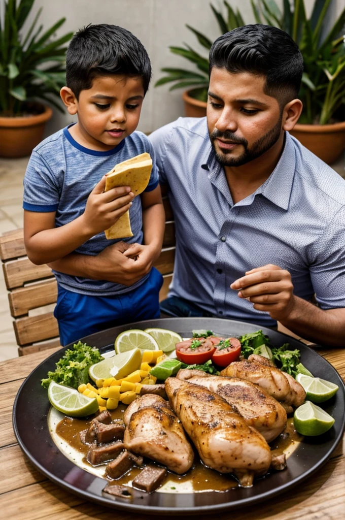 A padre con su hijo , comiendo pollo asado