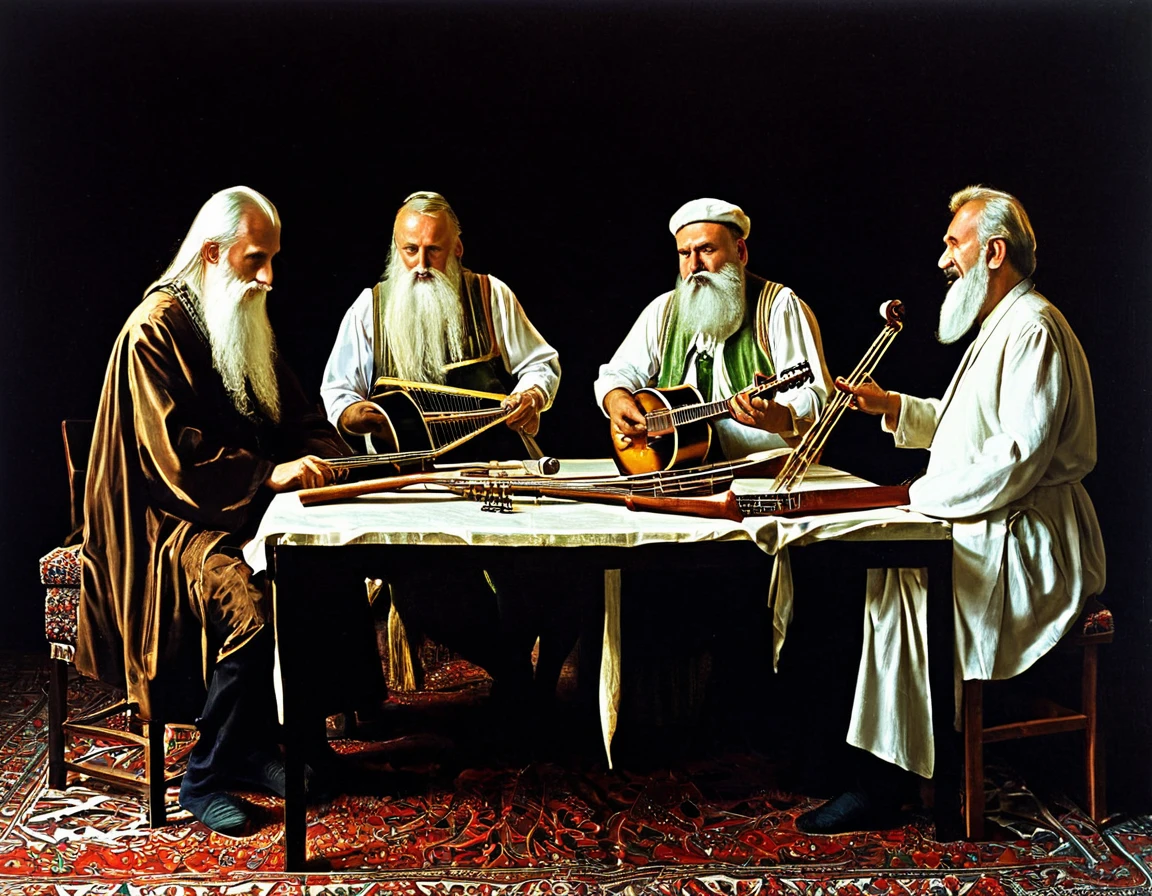 painting of three men with long white beards playing musical instruments, by Aladár Körösfői-Kriesch, by György Thickh, robed figures sat around a table, by Ásgrím Jónsson, by Sándor Bortnyik, by Konrad Klapheck, kalevala