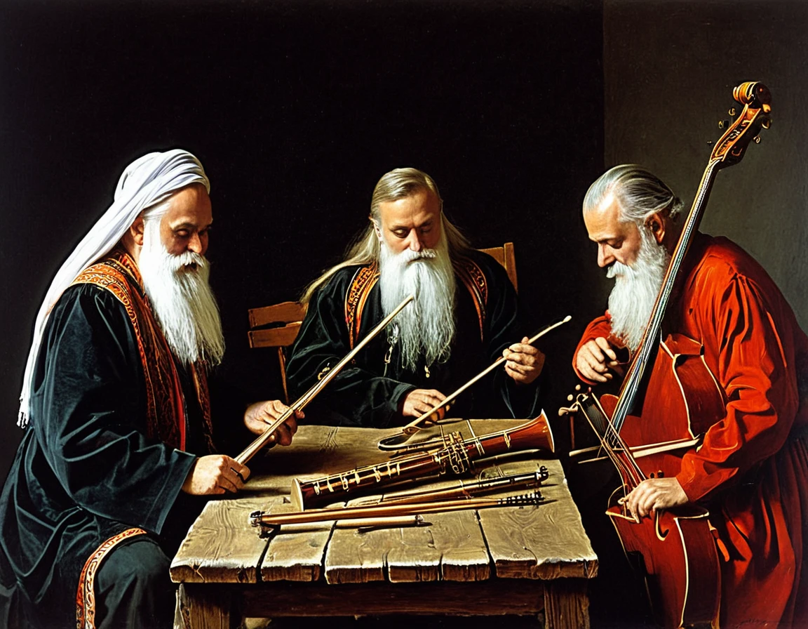 painting of three men with long white beards playing musical instruments, by Aladár Körösfői-Kriesch, by György Thickh, robed figures sat around a table, by Ásgrím Jónsson, by Sándor Bortnyik, by Konrad Klapheck, kalevala