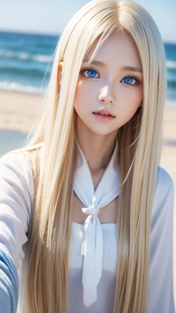 Beautiful girl with a pretty face、beautiful blonde straight super long hair、Half Body Shot、Beautiful long bangs hanging over the face、Very beautiful, bright, pale sky blue eyes、Very big eyes、Blonde hair between the eyes、Round face、Blonde hair above the eyes、片Blonde hair above the eyes、、Sailor suit、Very white and young skin、Cheek gloss、Cheek highlighter、Small Face Beauty