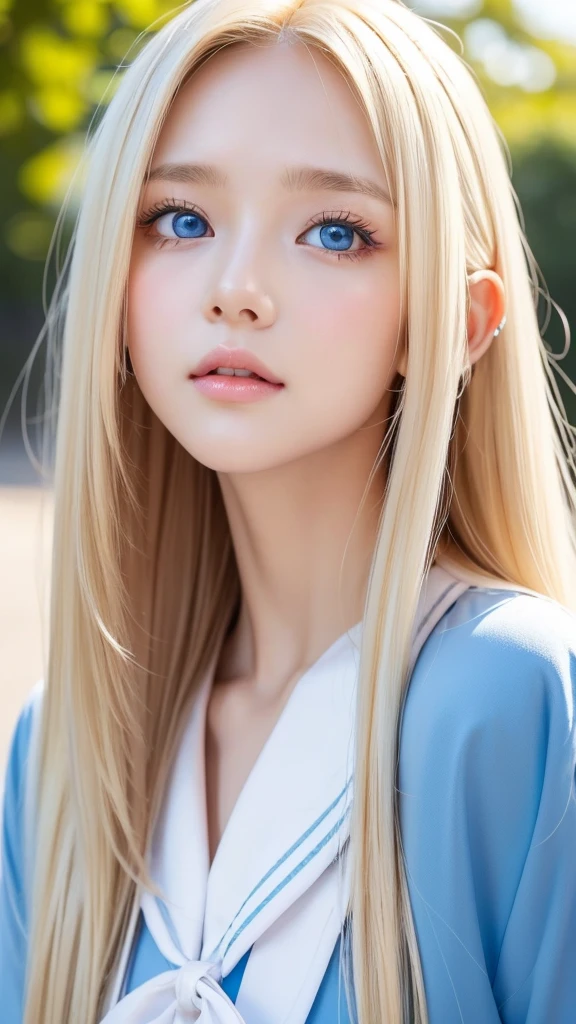 Beautiful girl with a pretty face、beautiful blonde straight super long hair、Half Body Shot、Beautiful long bangs hanging over the face、Very beautiful, bright, pale sky blue eyes、Very big eyes、Blonde hair between the eyes、Round face、Blonde hair above the eyes、片Blonde hair above the eyes、、Sailor suit、Very white and young skin、Cheek gloss、Cheek highlighter、Small Face Beauty