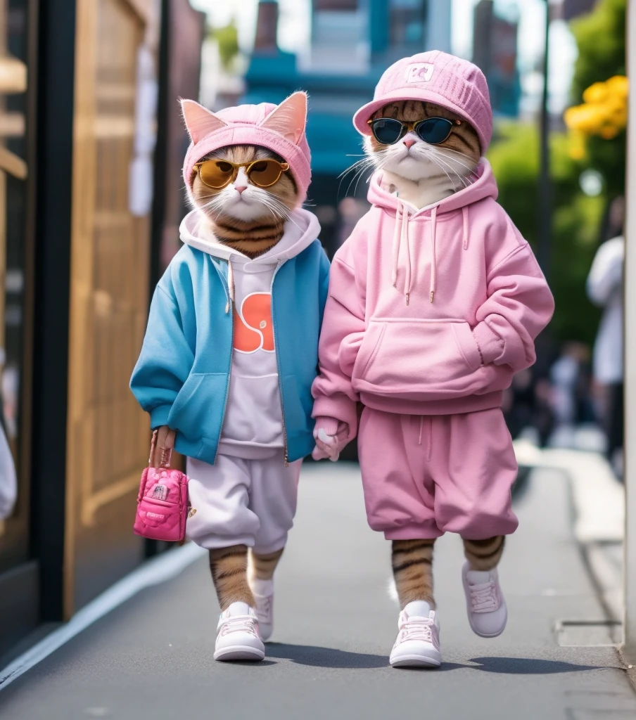 A trendy anthropomorphic talk and strong cat dad and his cute and short cat child walking hand in hand down a stylish city street. The cat dad is wearing a pink baseball cap, large sunglasses, a pink bomber jacket with patches, a graphic hoodie with a cat print, dark cargo shorts, high-top sneakers with colorful details, and a crossbody bag. The cat child is dressed in a matching trendy outfit, also with stylish streetwear elements. The background features modern shops and people, creating a lively urban atmosphere. Both cats look cool and confident as they enjoy their stroll together