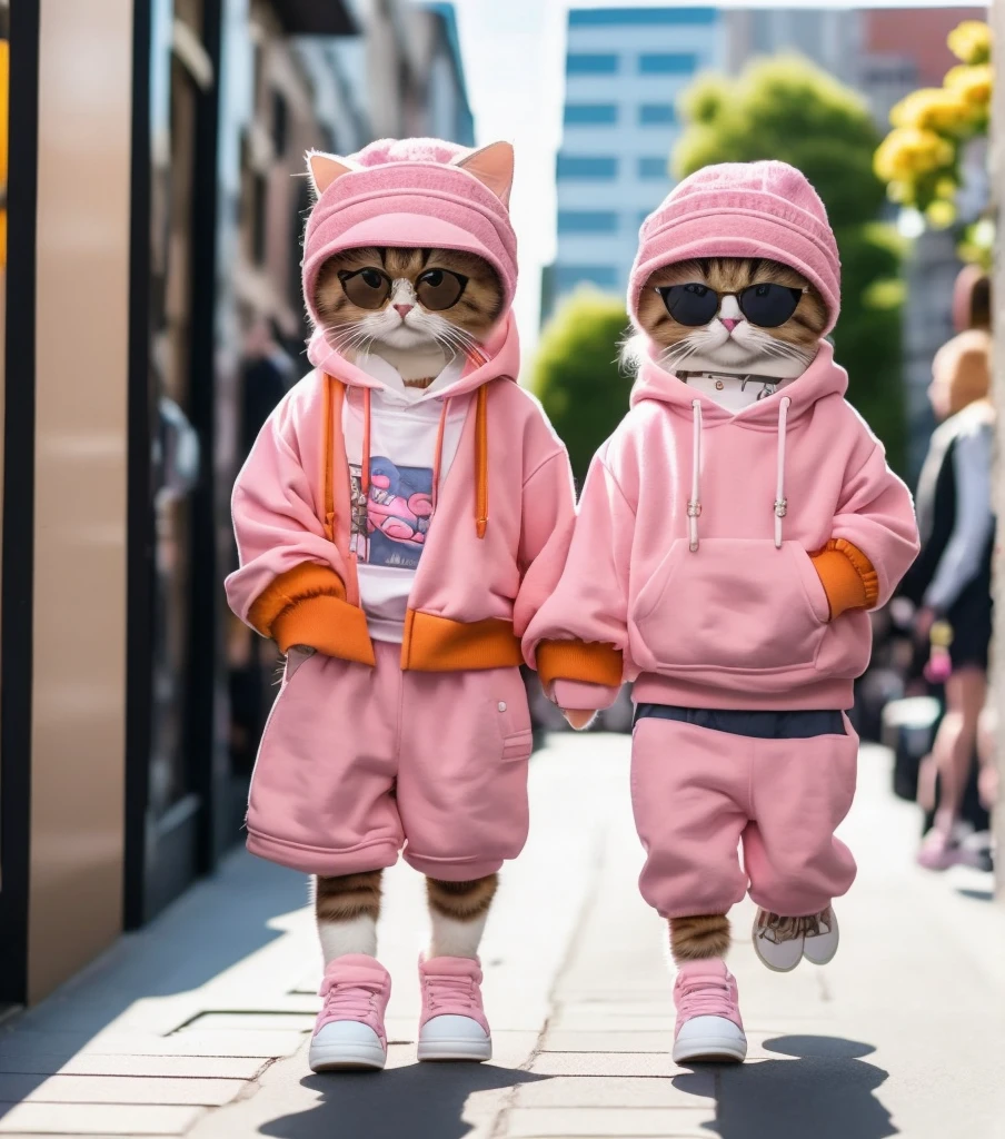 A trendy anthropomorphic talk and strong cat dad and his cute and short cat child walking hand in hand down a stylish city street. The cat dad is wearing a pink baseball cap, large sunglasses, a pink bomber jacket with patches, a graphic hoodie with a cat print, dark cargo shorts, high-top sneakers with colorful details, and a crossbody bag. The cat child is dressed in a matching trendy outfit, also with stylish streetwear elements. The background features modern shops and people, creating a lively urban atmosphere. Both cats look cool and confident as they enjoy their stroll together