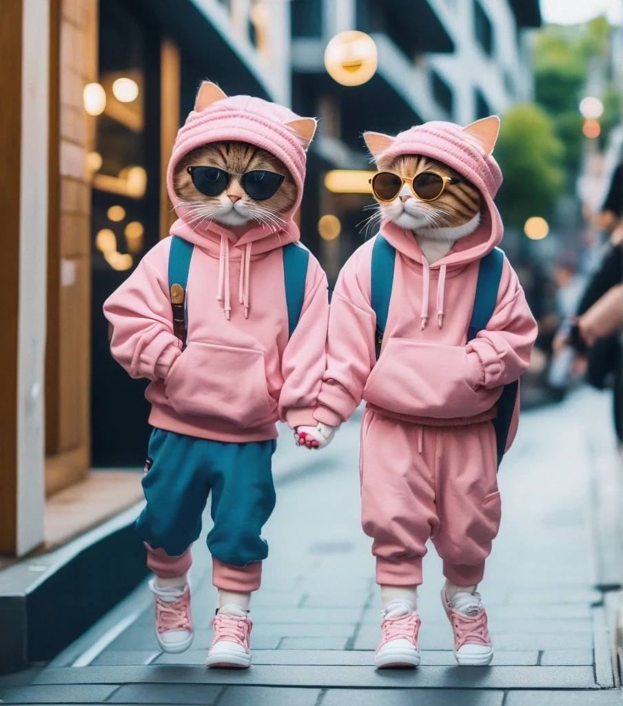 A trendy anthropomorphic talk and strong cat dad and his cute and short cat child walking hand in hand down a stylish city street. The cat dad is wearing a pink baseball cap, large sunglasses, a pink bomber jacket with patches, a graphic hoodie with a cat print, dark cargo shorts, high-top sneakers with colorful details, and a crossbody bag. The cat child is dressed in a matching trendy outfit, also with stylish streetwear elements. The background features modern shops and people, creating a lively urban atmosphere. Both cats look cool and confident as they enjoy their stroll together