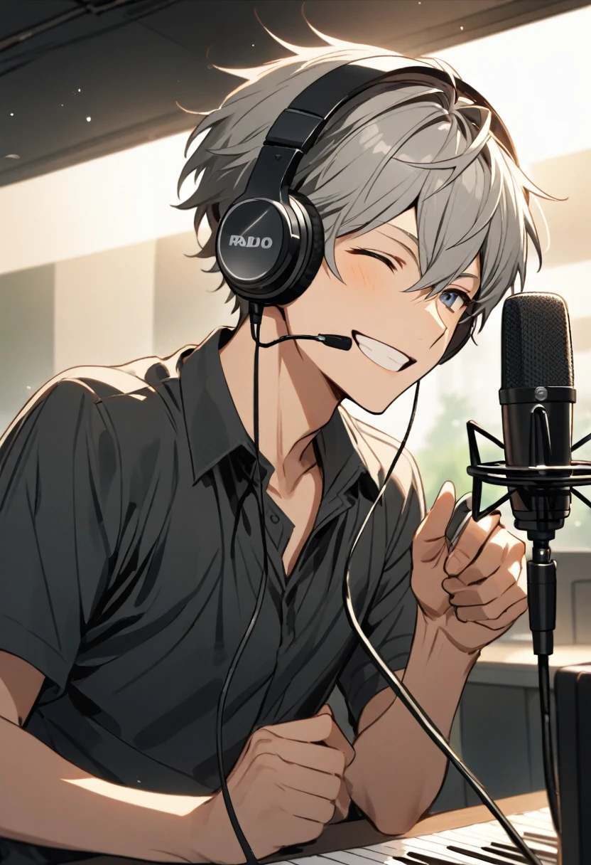 A young man with gray hair wearing headphones and speaking into a microphone. He is smiling. Radio Personality