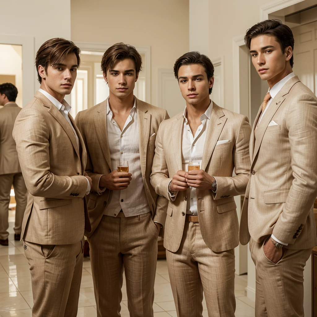 Three 25-year-old boys, with a masculine appearance, wearing a linen pastel green suit. The scene depicts a masterpiece of art, showcasing the boy's professional and wealthy lifestyle. The image is of the best quality, with ultra-detailed features. The color tone is rich and vibrant ,masterpiece, ultra realistic, detailed face, detailed fingers