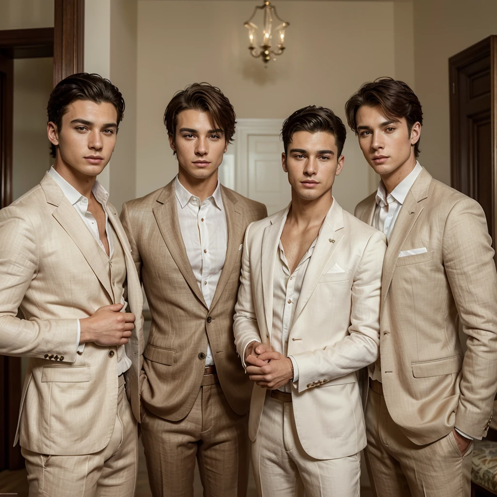 Three 25-year-old boys, with a masculine appearance, wearing a linen orange suit. The scene depicts a masterpiece of art, showcasing the boy's professional and wealthy lifestyle. The image is of the best quality, with ultra-detailed features. The color tone is rich and vibrant ,masterpiece, ultra realistic, detailed face, detailed fingers