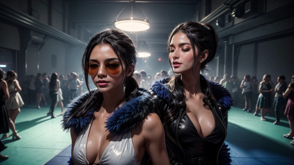 masterpiece, best quality, extremely detailed, hyperrealistic:1.1, photorealistic, a beautiful 20s russian model, ultra detailed face:1.1, sunglasses on head:1.1, blue fur shawl, white dress, high ponytail, black hair, at nightclub:1.2, nightclub light:1.1, party, music club, people dancing on the dance floor background, underground danceclub, laughing, eye closed