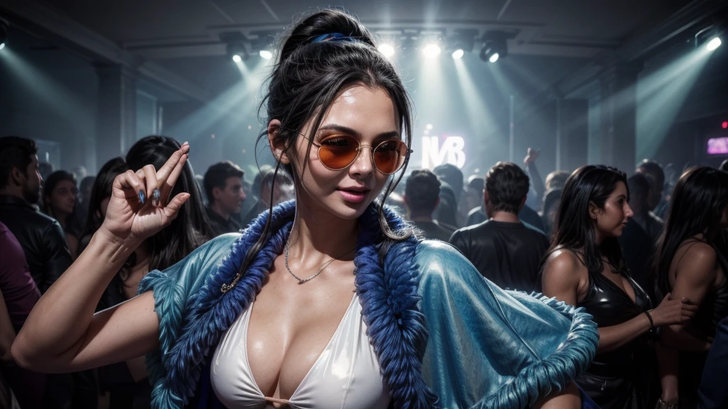 masterpiece, best quality, extremely detailed, hyperrealistic:1.1, photorealistic, a beautiful 20s russian model, ultra detailed face:1.1, sunglasses on head:1.1, blue fur shawl, white dress, high ponytail, black hair, at nightclub:1.2, nightclub light:1.1, party, music club, people dancing on the dance floor background, underground danceclub, laughing, eye closed