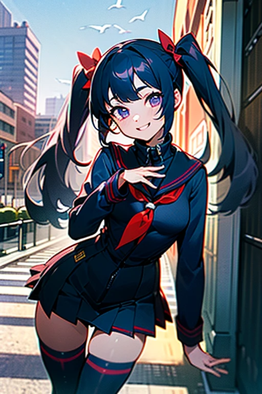 (masterpiece), (HDR), absurdres, (best quality), (ultra high quality), (hi-res), (1girl), (pastel purple eyes), beautiful detailed eyes, detailed eyes, teen, (blue black hair), bangs, short side locks, (big thick twintails), (long straight hair), (two small white hair bows), (small breast), ((dark navy serafuku)), ((red stripe on sailor collar and sleeve cuffs)), (long sleeves), (((no tie, no neckerchief, no bow))), (((zipper down shirt, turtleneck shirt collar))), (zettai ryouiki), (dark navy shirt), (dark navy blue pleated miniskirt), (red stripe at bottom of skirt) , (black thighhighs with red stripe), (thin waist), (thigh gap), (happy expression), smile, crooked tooth, cute, facing camera, (looking at camera), (leaning forward), bend at waist, (cowboy shot), walking, in the city, outside, buildings, sidewalk, daytime, sunlight on face, noon, bright sun, city scenery, crosswalk, birds