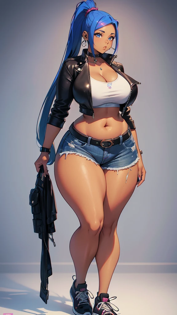 (blank background), (((full body framing))), standing, (masterpiece), (best quality), huge girl, (muscular girl:0.8), (thin hair:1.7), (long blue jeans), massive breast, Mohawk hairstyle:1.4, sport bra, pink hair, dark skin, belt under navel, blunt bangs, sneakers, (long legs:1.6), big cleavage, cute:1.8, adorable:1.8, 15 years old, leather jacket,, cyberpunk girl, ear piercings, earrings, tatoo, (very curvy:1.6), (from behind)