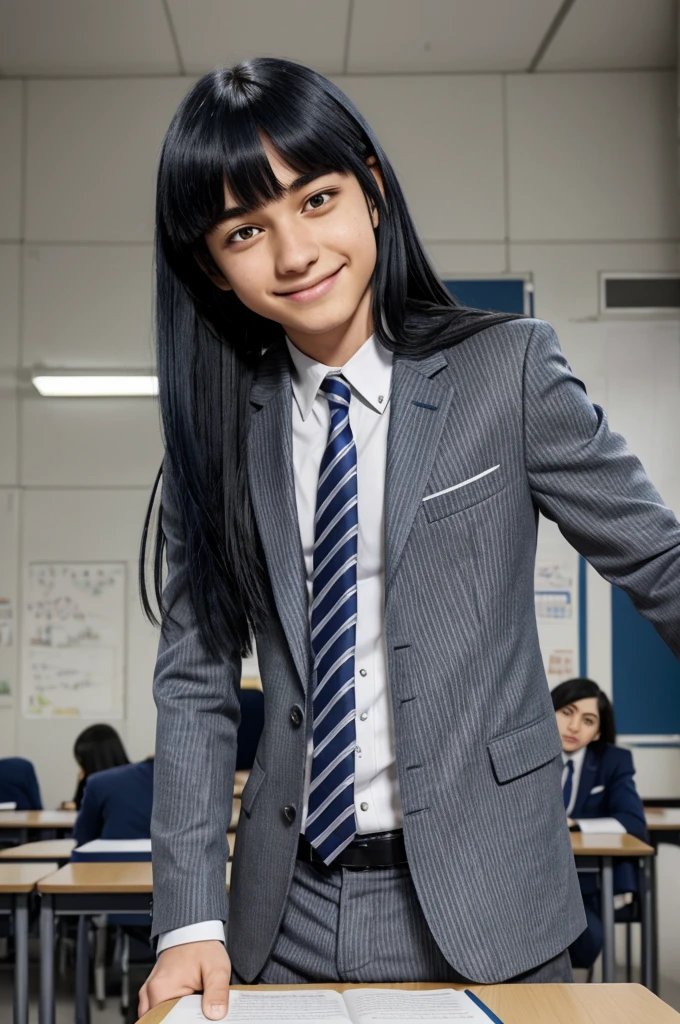 Plantilla Boku no hero Academia, 18 year old girl long straight dark blue hair with bangs, ojos brillantes azules, He wears a gray blazer with green stripes and a red tie with a white bottom. He sits in a classroom with a happy expression.