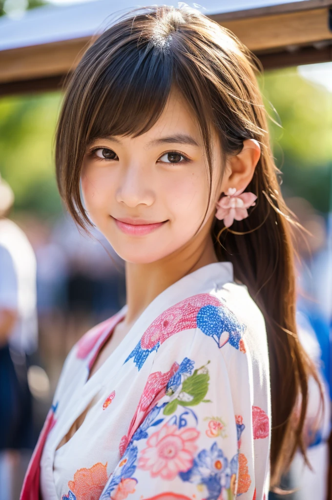 Yukata, traditional Japanese summer kimono, summer festival night stall, first year high school student, ((full body)), ((photo)), ((best qualtiy, 8K, tmasterpiece:1.3)), Focus:1.2, perfect figure beautiful girl:1.4, 1girl, cowboy shot, look at viewer, incredibly absurd, beautiful and cute girl with a photorealistic face, showcasing top-quality craftsmanship, A Japanese girl walking around looking at the food stalls at a summer festival on a night, 15 years old, straight hair that reaches about 10cm below her shoulders, light brown hair color, shiny hair, bangs cut straight above her eyes, hair tucked behind her ears, soft round face, large almond-shaped eyes, light brown eye color, long eyelashes, thin and neat eyebrows, small nose with a straight bridge, cherry-colored lips, bright smile, white teeth, smooth skin, fair skin, light pigmentation, freckles, average height, lithe figure, well-balanced proportions, small A-cup breasts, white and pink pastel-colored yukata, bracelet with charms, diamond stud earrings, beautiful girl, pure, moe, cheerful, curious, friendly, polite, responsible, likes festivals and events, August