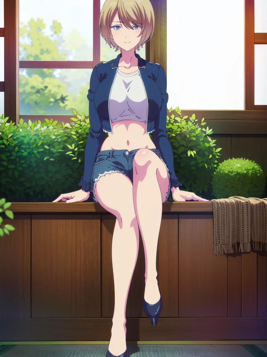 masterpiece, best quality, highres, akane hououji,full body,1girl, solo, short hair, blonde hair, blue eyes,smile ,crop top, black denim jacket,jean shorts, midriff, underboob,open jacket,closed toe shoes,high heels,crossed legs, sitting, big breasts, medium waist, wide hips, medium thighs, good anatomy, good hands, white background, good legs