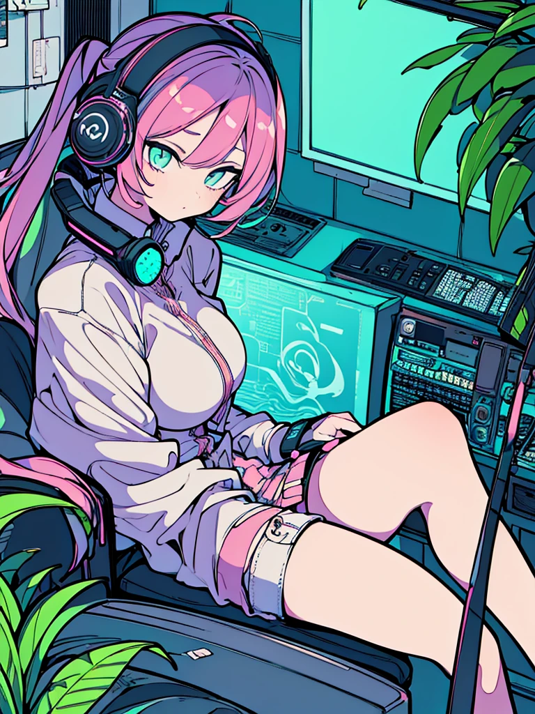 Best quality, (masterpiece), best detail face,1 girl, big breasts, 18 yo, 8k,absurdres,unity 8k wall paper,(extremely detailed:1.3), highest realistic, (retro headphones:), (soft neon light:), (psychedelic), Her room full of music equipment and plants, tight sports wear , See the whole room, She is leaving the room, dark yellow color palette