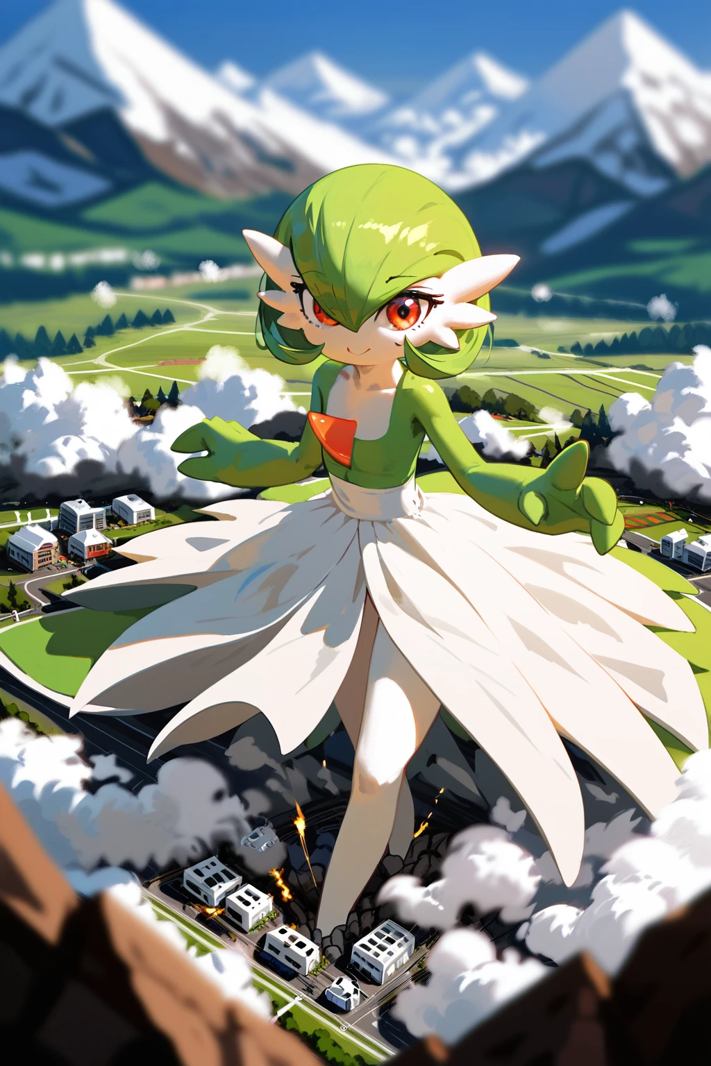 (score_9,score_8,score_7),{{green and white}}, gardevoir, pokemon, macro, high angle, {{standing on the ground}}, standing , continent, mountain, atmosphere, giga size, depth of field, from above, destruction smoke around feet