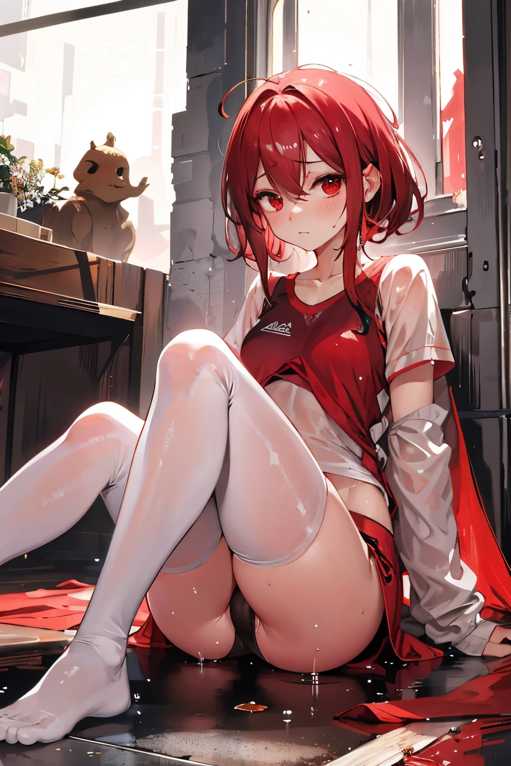 underdressing,Camel toe,shy,Red Eyes,Sweat,Soaked,liquid,transparent,Expression of disgust,Sitting